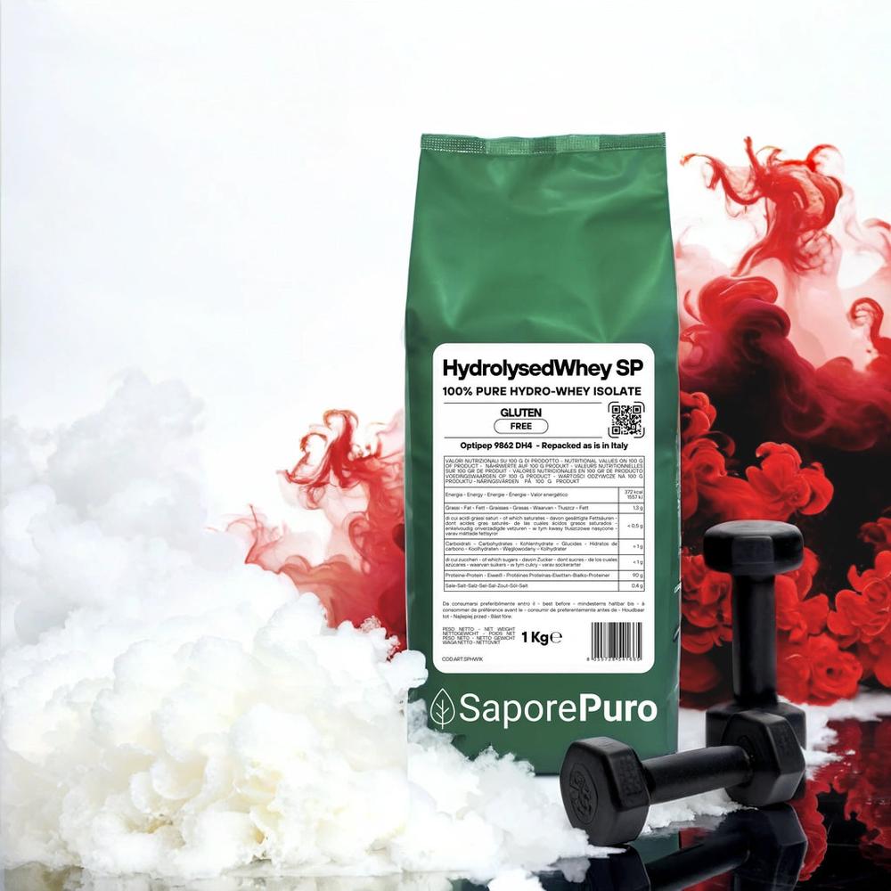 Hydrolyzed whey protein isolate from SaporePuro, showing a container of Hydrolyzed Whey SP Proteins del Latte product.
